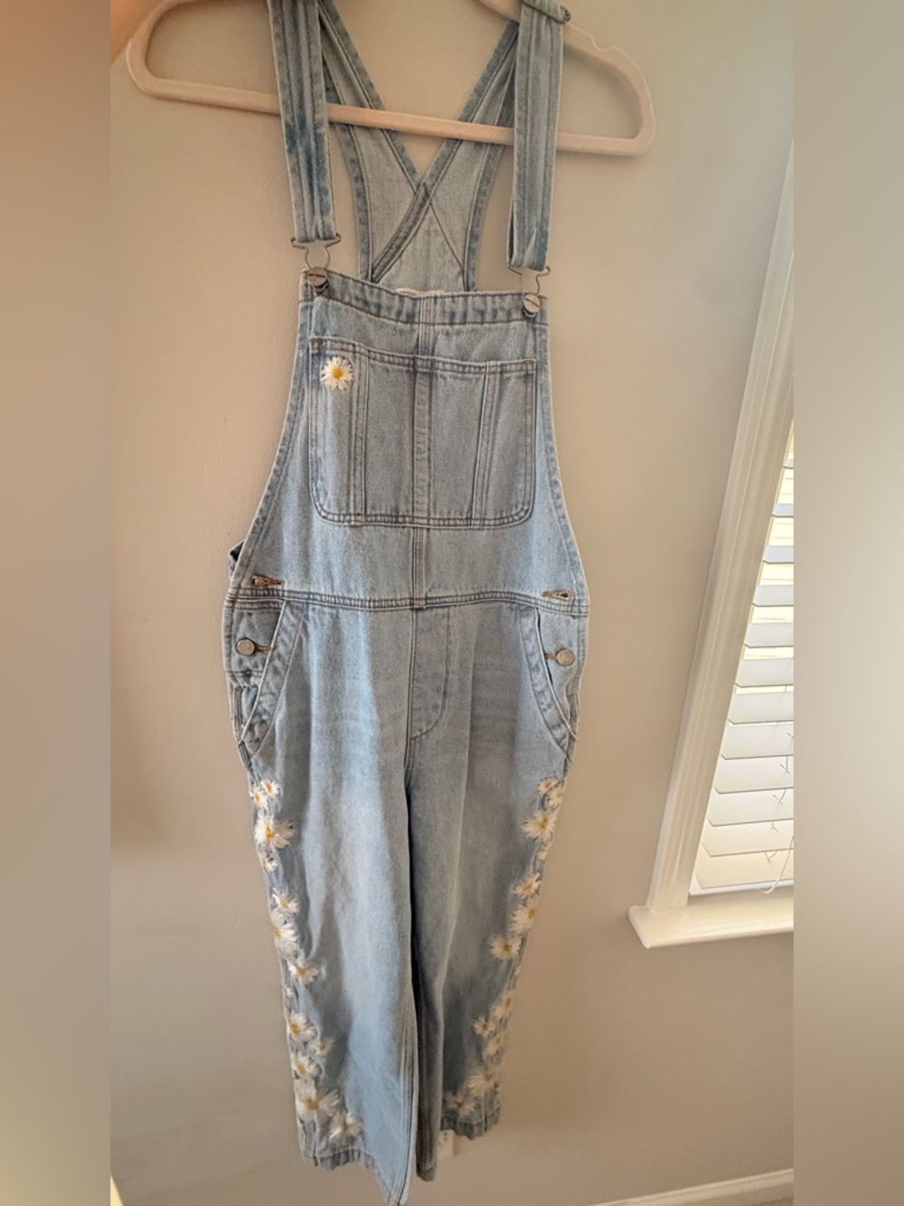 Light Wash Denim Overalls with Daisy Embroidery